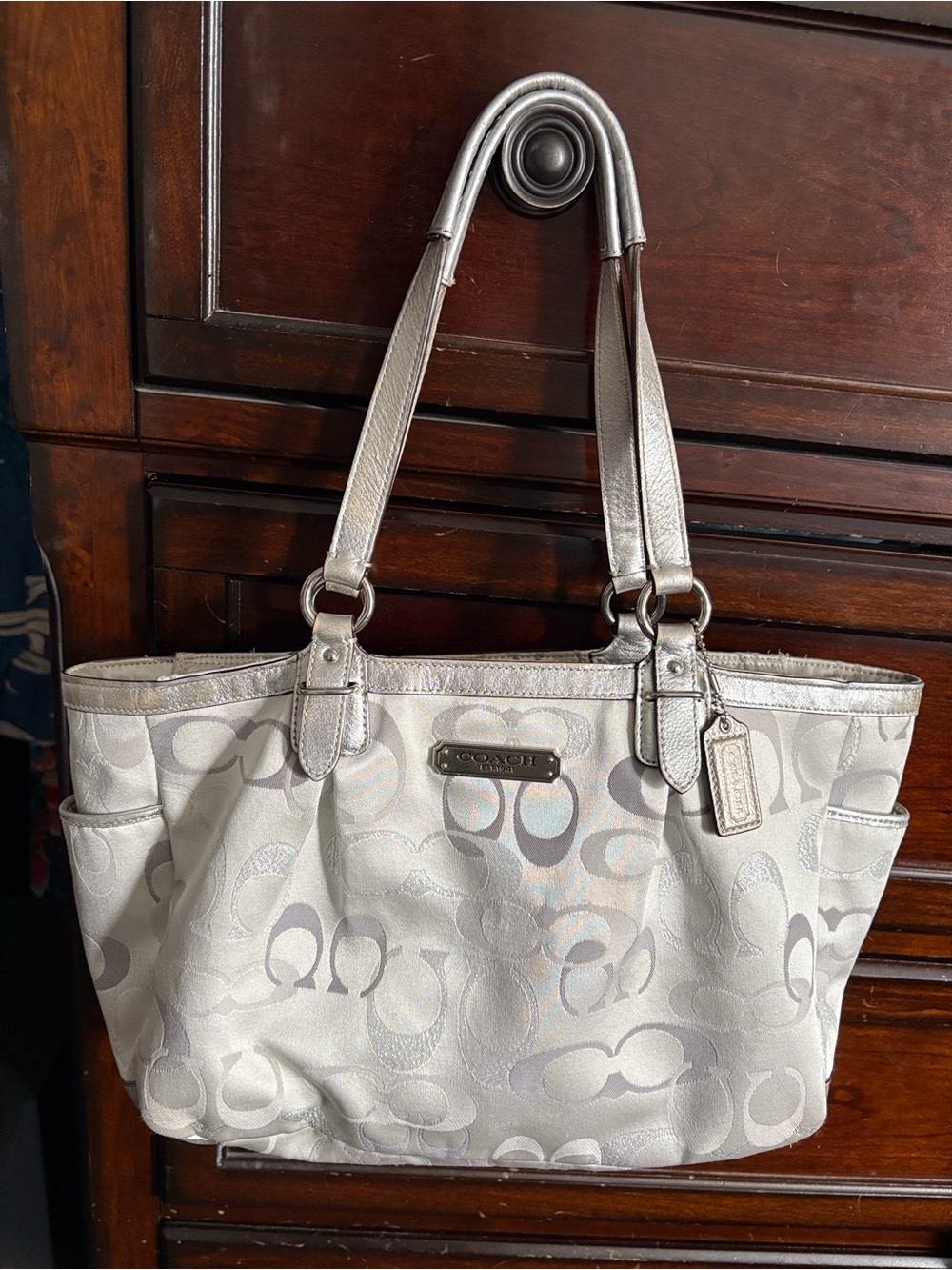 Beautiful Coach Silver and Light Gray Signature Tote with Metallic Trim - Picture 8 of 9